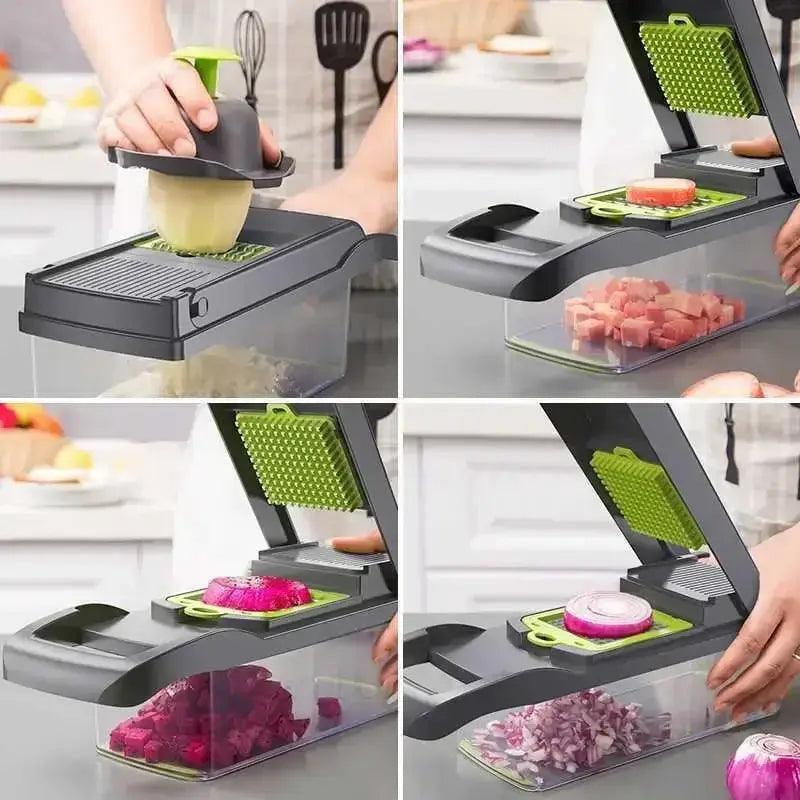 Cortador Multifuncional Aço Inoxidável com Lâmina de Aço 14 Peças - Torne a sua experiência na cozinha mais eficiente