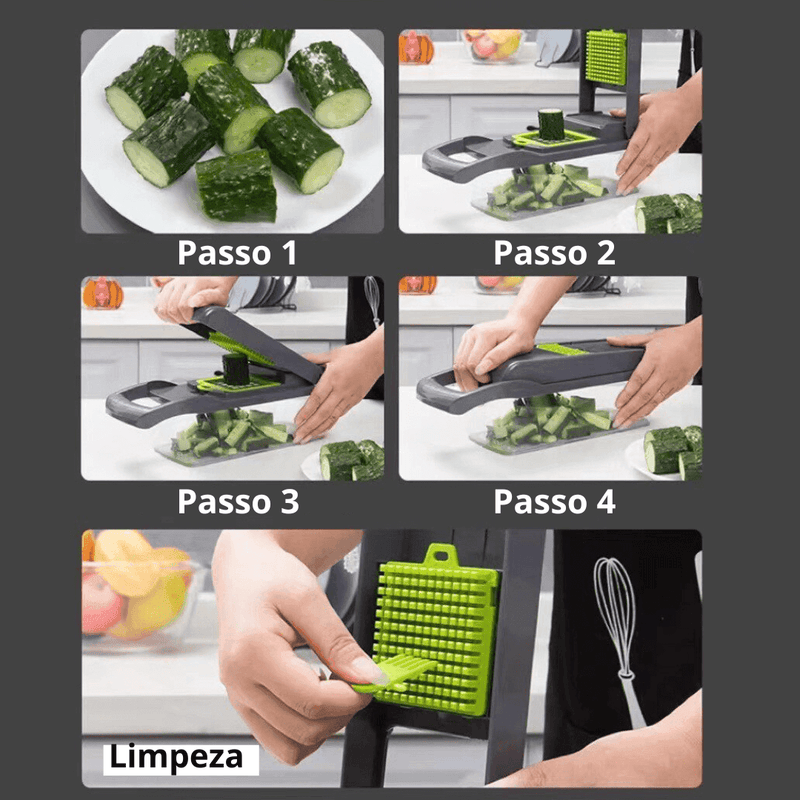 Cortador Multifuncional Aço Inoxidável com Lâmina de Aço 14 Peças - Torne a sua experiência na cozinha mais eficiente