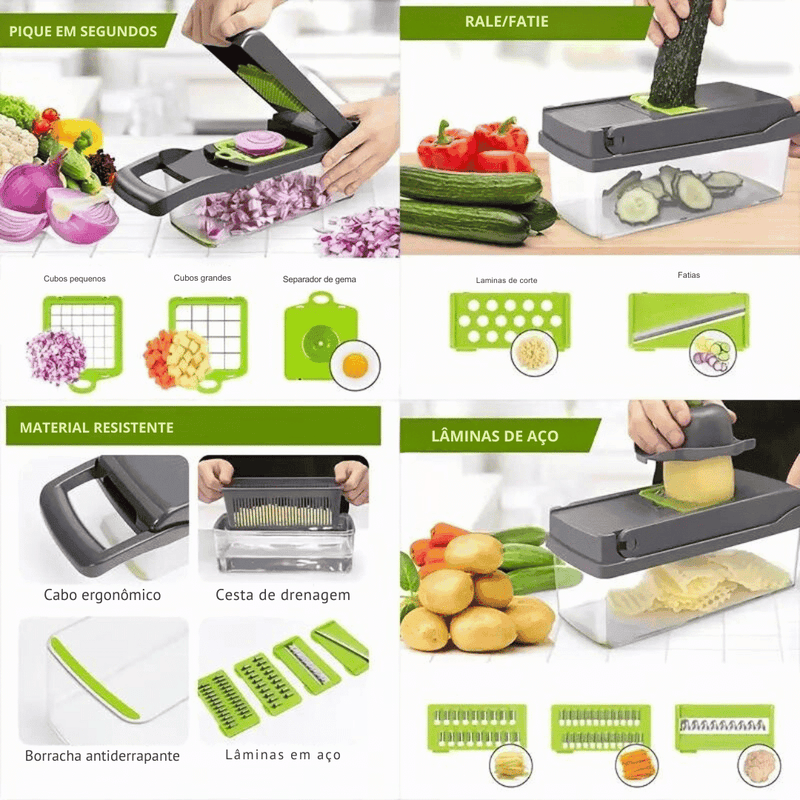 Cortador Multifuncional Aço Inoxidável com Lâmina de Aço 14 Peças - Torne a sua experiência na cozinha mais eficiente